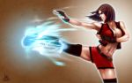  belt blue_eyes breast_squeeze breasts brown_hair cleavage electricity fighting_stance fingerless_gloves gloves glowing glowing_eyes highres ivan_flores kicking lips muscle short_hair short_shorts shorts sweat teeth thigh-highs thighhighs wallpaper 