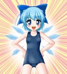  blue_hair bow cirno hair_bow hands_on_hips neopure one-piece_swimsuit school_swimsuit short_hair swimsuit touhou wings 