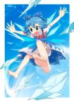  :d \o/ barefoot blush cirno feet foreshortening hands jumping massala open_mouth outstretched_arms smile soles toes touhou wings 