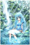  belt blue blue_eyes blue_hair emperpep feet_in_water fish pool sitting skirt smile soaking_feet water waterfall 