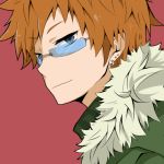  blue_eyes close-up earrings face fairy_tail fur_trim glasses jewelry loke_(fairy_tail) looking_back lowres male mari_audio orange_hair simple_background solo spiked_hair spiky_hair 