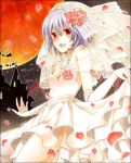  :d bat_wings blush breasts bridal_veil bride cleavage colored_eyelashes dress dress_lift elbow_gloves eyelashes flower full_moon gloves hair_ornament itsuki0v0 jewelry moon necklace night open_mouth petals purple_hair red_eyes red_rose remilia_scarlet rose rose_petals short_hair smile solo touhou veil wedding_dress wings 