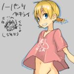  blonde_hair blue_eyes bottomless freckles midriff navel no_panties romaji short_twintails teriyaki translation_request twintails 