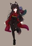  brown_hair highres japanese_clothes kimono kimono_skirt kt2 legs long_hair original pantyhose red_eyes solo tail 