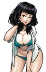  black_eyes black_hair breasts cleavage curvy hips kinuko_(fever_chill) large_breasts open_clothes open_shirt shirt sleeves_rolled_up swimsuit thighs twintails 