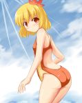 ass blonde_hair blush competition_swimsuit looking_back mokuyou one-piece_swimsuit short_hair swimsuit touhou yellow_eyes 