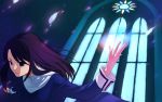  blue_eyes brown_hair church flame kara_no_kyoukai kokutou_azaka long_hair school_uniform solo toramaru window 