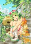  goggles goggles_on_head green_eyes green_hair gumi highres phonograph short_hair sitting skirt smile solo vocaloid 