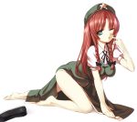  barefoot blue_eyes braid breasts chinese_clothes crawling finger_to_mouth hat hong_meiling long_hair red_hair redhead takemori_shintarou touhou twin_braids wink 