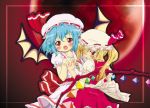  blonde_hair blue_hair blush fang flandre_scarlet full_moon hair_over_one_eye hat holding_hands mayo moon pointy_ears ponytail red_eyes red_moon remilia_scarlet siblings side_ponytail sisters touhou wings 