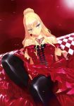  alice_in_wonderland blonde_hair dress elbow_gloves gloves highres long_hair queen_of_hearts red sitting solo thigh-highs thighhighs ueda_ryou 