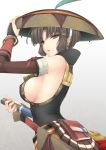  bracelet breasts brown_hair elbow_gloves fingerless_gloves gloves hat jewelry kizuki_aruchu large_breasts monster_hunter monster_hunter_portable_3rd open_mouth pouch purple_eyes short_hair sideboob solo sword violet_eyes weapon yukumo_(armor) 