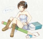  bangs bare_shoulders black_hair blue_eyes blunt_bangs blush boots dress eraser hair_ornament open_mouth original pencil pixiv short_hair sitting solo strapless_dress yoshioka_mitsuko 