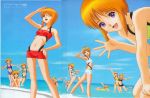  clone closed_eyes elpeo_puru goggles gundam gundam_unicorn gundam_zz kitazume_hiroyuki looking_back marida_kruz midriff multiple_girls ocean orange_hair purple_eyes puru_two splash swimsuit wading water 