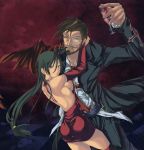  1girl arm_around_neck ass beard black_eyes black_hair blood breasts bridal_gauntlets brown_hair checkered checkered_floor couple cup dress elbow_gloves facial_hair gloves green_eyes guilty_gear highres hug long_hair looking_back manly monocle mustache nyami open-back_dress open_back pipe red_legwear red_thighhighs sharon_(guilty_gear) sideboob slayer slayer_(guilty_gear) smile thigh-highs thighhighs vampire wine_glass wings 
