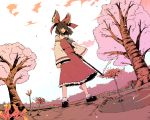  1girl ascot bobby_socks bow brown_hair cherry_blossoms detached_sleeves flower from_below hair_bow hakurei_reimu highres perspective sky socks spider_lily standing touhou tree yokohachi 