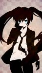  black_rock_shooter black_rock_shooter_(character) blue_eyes formal gloves jacket kl long_hair navel necktie open_clothes open_shirt pale_skin pant_suit scar shirt solo suit twintails uneven_twintails very_long_hair 