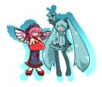  adenine adenine_(artist) crossover fan hatsune_miku japanese_clothes microphone multiple_girls mystia_lorelei okamisty paper_fan parody puyopuyo style_parody thighhighs touhou twintails uchiwa vocaloid 