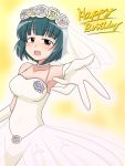  blush breasts bridal_veil dress elbow_gloves flower gloves gown green_hair hair_ornament idolmaster jewelry mole open_mouth otonashi_kotori outstretched_arm outstretched_hand red_eyes ring short_hair smile solo veil wagomu17 wedding_dress 