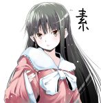  black_hair bow bowtie bust expressionless face hair_bow houraisan_kaguya large_bow lips long_hair simple_background sleeves_past_wrists solo touhou translated wide_sleeves yae_(artist) 
