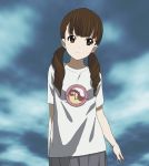  brown_eyes brown_hair clothes_writing extra head_tilt k-on! long_hair looking_away solo t-shirt twintails wakaouji_ichigo 