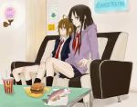  ahoge akiyama_mio black_eyes black_hair blush brown_eyes brown_hair couch drink fish food gogono_pan'ya gogono_panya hair_down hamburger hoodie k-on! kneehighs multiple_girls necktie no_thank_you no_thank_you! school_uniform sitting skirt socks tainaka_ritsu 