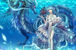  1girl 5215 barefoot blue_hair bubble dragon dress fish long_hair mokuasa pointy_ears solo underwater 