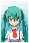  :&lt; aqua_eyes baka_to_test_to_shoukanjuu cosplay danzero face green green_eyes green_hair hatsune_miku long_hair necktie parody school_uniform solo style_parody twintails vocaloid 