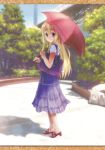  blonde_hair blue_eyes blush casual from_behind goto_p handbag highres k-on! kotobuki_tsumugi long_hair looking_back skirt smile solo umbrella 