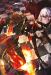  checkered checkered_floor gauntlets grey_eyes hoodie shanpao short_hair silver_eyes solo strength_(black_rock_shooter) tail thigh-highs thighhighs white_hair 