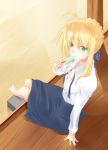  arm_support barefoot blonde_hair breasts down_blouse fate/stay_night fate_(series) food green_eyes hair_ribbon highres ice_cream looking_at_viewer mayura_90 open_clothes open_shirt popsicle ribbon saber shirt sitting skirt solo veranda 