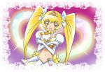  bow cure_sunshine elbow_gloves gloves hair_bow heart heartcatch_precure! lace long_hair magical_girl midriff myoudouin_itsuki navel potpourri_(heartcatch_precure!) potpourri_(precure) precure purple_background smile super_silhouette_(heartcatch_precure!) tiara twintails white_gloves yellow_eyes yukkyun 