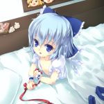  blue_eyes blue_hair bow cirno hair_bow hakurei_reimu kirisame_marisa kurokiri lipstick looking_at_viewer no_bra open_clothes open_shirt red_string ribbon shirt short_hair sparkle tissue touhou wings wrist_cuffs yukkuri_shiteitte_ne 