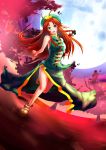  antenna_hair bare_shoulders boots braid breasts chinese_clothes dress full_moon green_eyes hair_ribbon hat highres hong_meiling large_breasts leaf long_hair moon redhead ribbon solo star touhou tree twin_braids xe-cox 