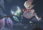  blonde_hair bloomers bobby_socks crescent_moon expressionless flandre_scarlet flying from_below hat midair moon night night_sky petticoat ponytail red_eyes shomon short_hair side_ponytail sky socks solo touhou wings 