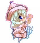  blue_hair breasts character_name chibi dress hat instrument kuromiya large_breasts merlin_prismriver smile solo touhou trumpet 