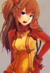  bodysuit brown_hair evangelion:_2.0_you_can_(not)_advance hand_on_hip jitome long_hair neon_genesis_evangelion plugsuit rebuild_of_evangelion shikinami_asuka_langley simple_background solo souryuu_asuka_langley test_plugsuit yamar 