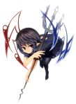  1girl asymmetrical_wings black_dress black_legwear brown_eyes dress highres houjuu_nue looking_at_viewer mantarou_(shiawase_no_aoi_tori) pantyhose pointy_ears polearm short_sleeves simple_background solo touhou trident weapon white_background wings 