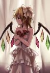  bare_shoulders blonde_hair blush bouquet bow bride brown_eyes dress flandre_scarlet flower hair_bow pointy_ears profile red_rose rose short_hair side_ponytail solo touhou wedding_dress white_dress wings xiao_qiang_(overseas) 