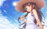  blue_eyes brown_hair chobipero cloud clouds from_below hair_ornament hairclip hairpin hat highres hot long_hair original popsicle sky solo straw_hat sun sun_hat sweat wallpaper 