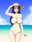  bikini blue_hair breasts cleavage hand_on_hat hat idolmaster kawanuma_uotsuri large_breasts long_hair midriff miura_azusa navel o-ring_top open_mouth red_eyes smile solo straw_hat swimsuit water wide_hips 