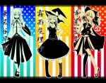  adjusting_hair american_flag belt boots bow breasts character_name cross-laced_footwear crossed_legs_(standing) detached_sleeves dress hair_bow hair_ornament hair_tubes hakurei_reimu hand_on_head hand_on_hip hat hat_bow head_tilt impossible_clothes kirisame_marisa kochiya_sanae lace-up_boots mary_janes midriff multiple_girls multiple_monochrome pleated_skirt sandals shoes skirt skirt_set socks spot_color standing torayamato touhou witch_hat 