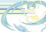  aqua_hair bad_id bow dress fen_renlei gloves hair_bow hatsune_miku jewelry long_hair necklace smile strapless_dress twintails very_long_hair vocaloid wink 