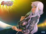  blue_eyes dutch_angle fan fireworks hikage_eiji japanese_clothes koihime_musou kougai lights long_hair night night_sky profile purple_hair sky solo water 