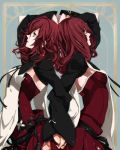 arched_back back-to-back devola green_eyes holding_hands kmikan multiple_girls nier popola profile red_hair redhead ribbon siblings twins 