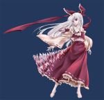  albino alternate_color alternate_hair_color barefoot digital_dissolve feet hakurei_reimu imo_(ryokyou) long_hair midriff navel outstretched_hand pale_skin red_eyes simple_background solo touhou white_hair 