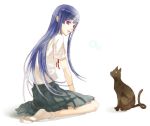  cat kneeling kuni_honori kunimoto_ori long_hair original pleated_skirt purple_eyes school_uniform simple_background skirt solo violet_eyes 