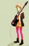  boots cable fur_hat green_eyes green_hair guitar gumi hat instrument legs pantyhose pink_legwear pink_pantyhose roku_(hikokeng) short_hair simple_background smile solo vocaloid 