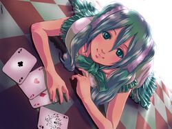  ace aqua_eyes aqua_hair card checkered checkered_floor clubs diamond hatsune_miku heart highres long_hair lying on_stomach playing_card ryon smile solo spade twintails vocaloid 