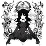  artist_request black_hair black_rock_shooter bow collar collarbone dead_master green_eyes highres horns no_legs smile solo spot_color 